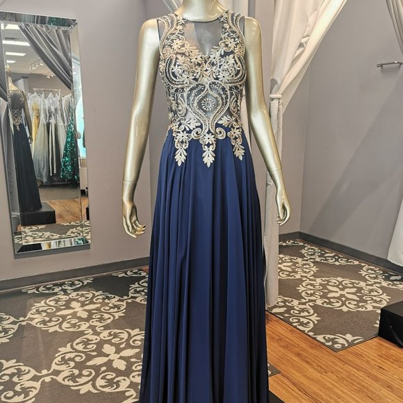 Size 6 navy/gold chiffon + embroidery formal/prom gown - Picture 1 of 5